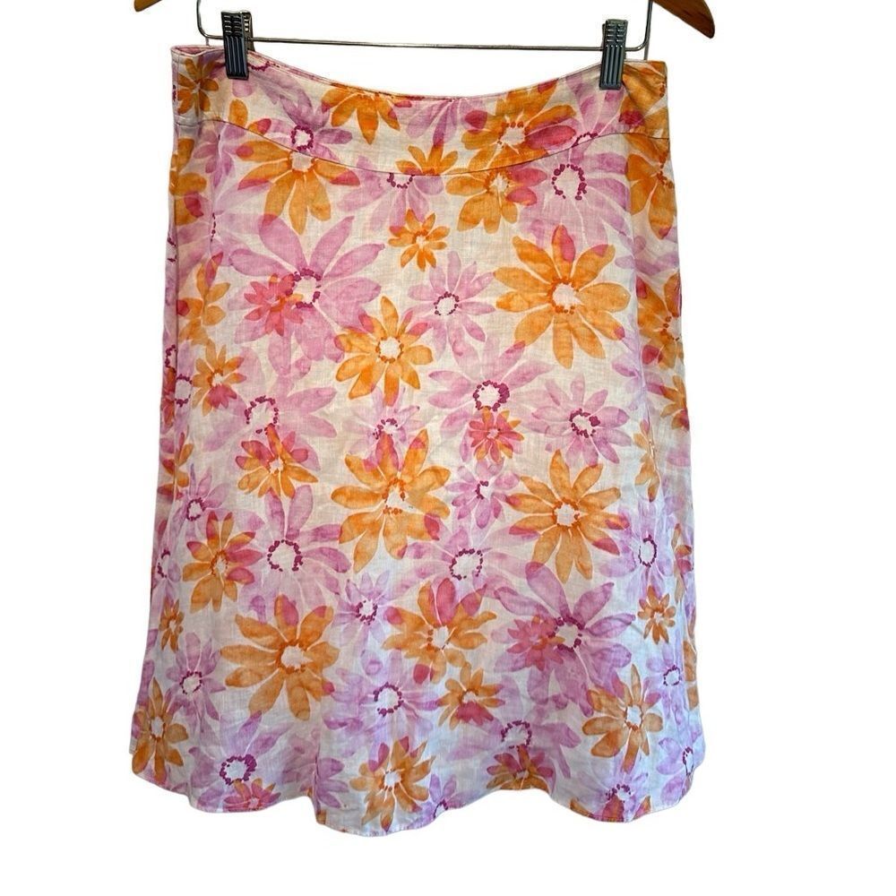 Liz Claiborne Linen Floral A-Line Skirt Pink Orange White Women’s Size 10 Petite